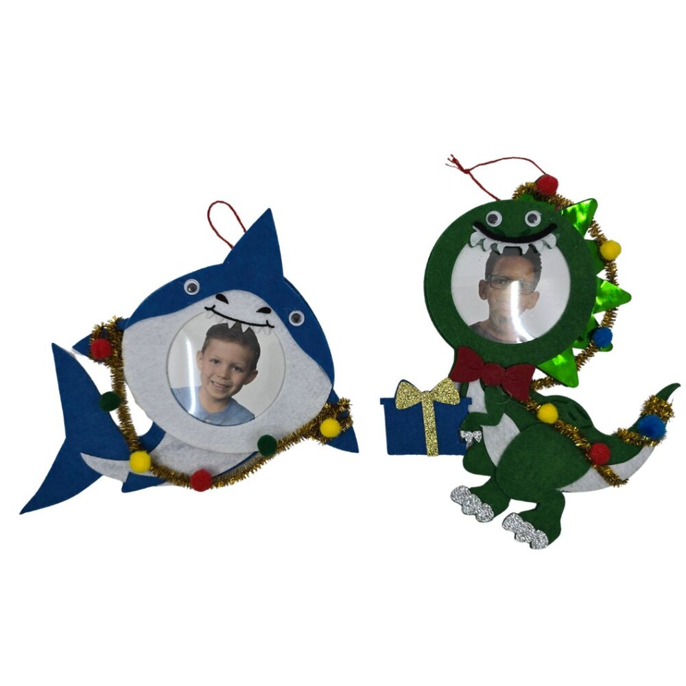 Studio Decor Blue Shark & Green Dinosaur Holiday Felt Ornament Photo Frames NEW